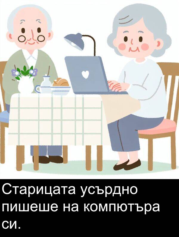 си: Старицата усърдно пишеше на компютъра си.