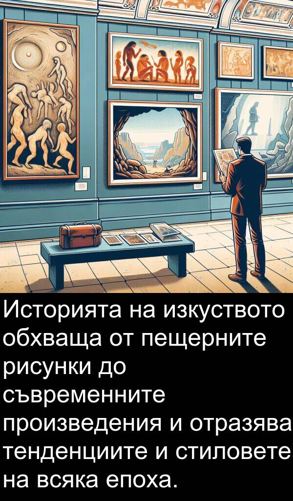 съвременните: Историята на изкуството обхваща от пещерните рисунки до съвременните произведения и отразява тенденциите и стиловете на всяка епоха.