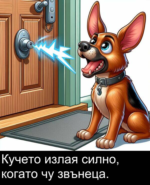 звънеца: Кучето излая силно, когато чу звънеца.