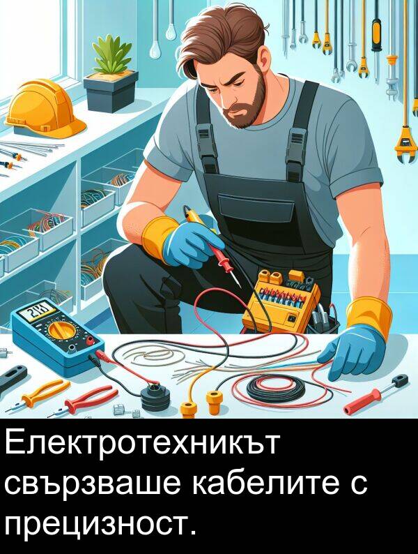 свързваше: Електротехникът свързваше кабелите с прецизност.