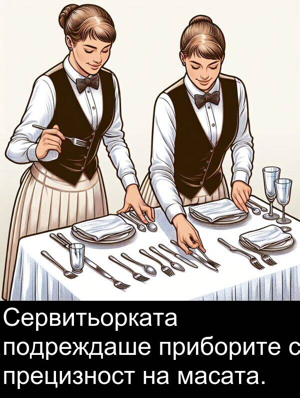 масата: Сервитьорката подреждаше приборите с прецизност на масата.
