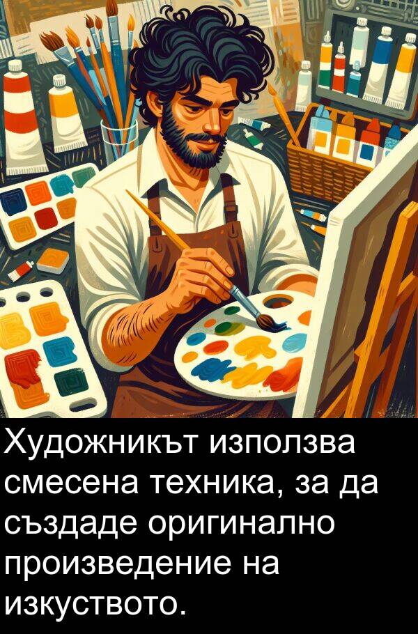 произведение: Художникът използва смесена техника, за да създаде оригинално произведение на изкуството.