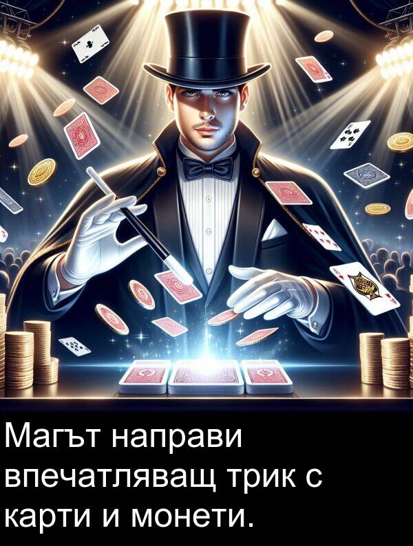 направи: Магът направи впечатляващ трик с карти и монети.