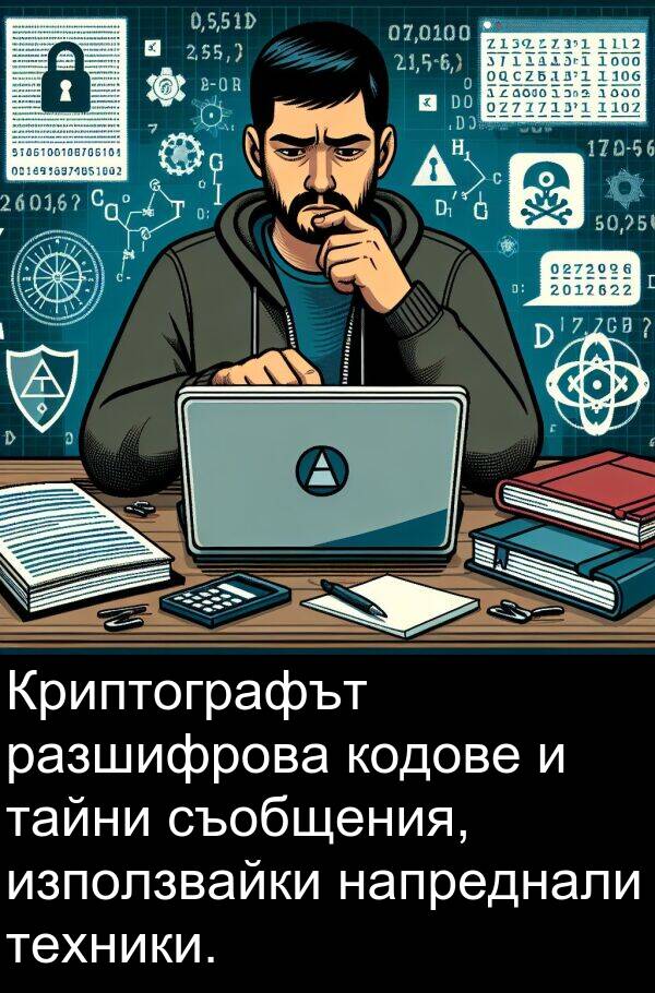 съобщения: Криптографът разшифрова кодове и тайни съобщения, използвайки напреднали техники.