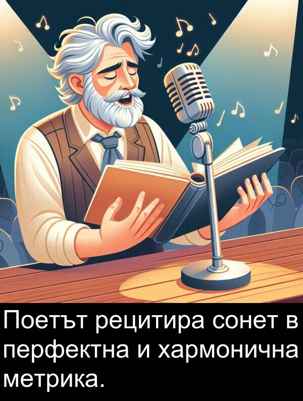 метрика: Поетът рецитира сонет в перфектна и хармонична метрика.