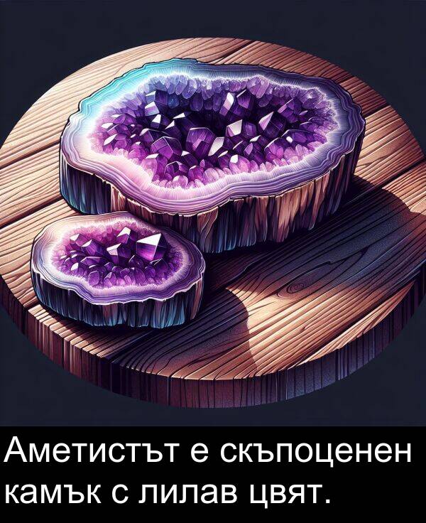 скъпоценен: Аметистът е скъпоценен камък с лилав цвят.