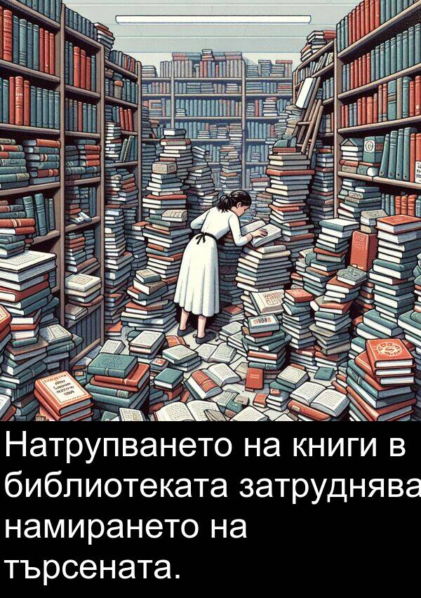 намирането: Натрупването на книги в библиотеката затруднява намирането на търсената.