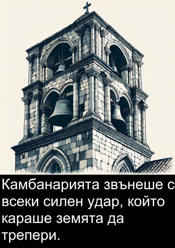 удар: Камбанарията звънеше с всеки силен удар, който караше земята да трепери.
