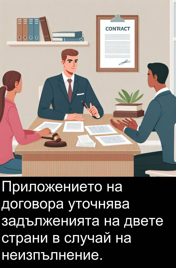 двете: Приложението на договора уточнява задълженията на двете страни в случай на неизпълнение.