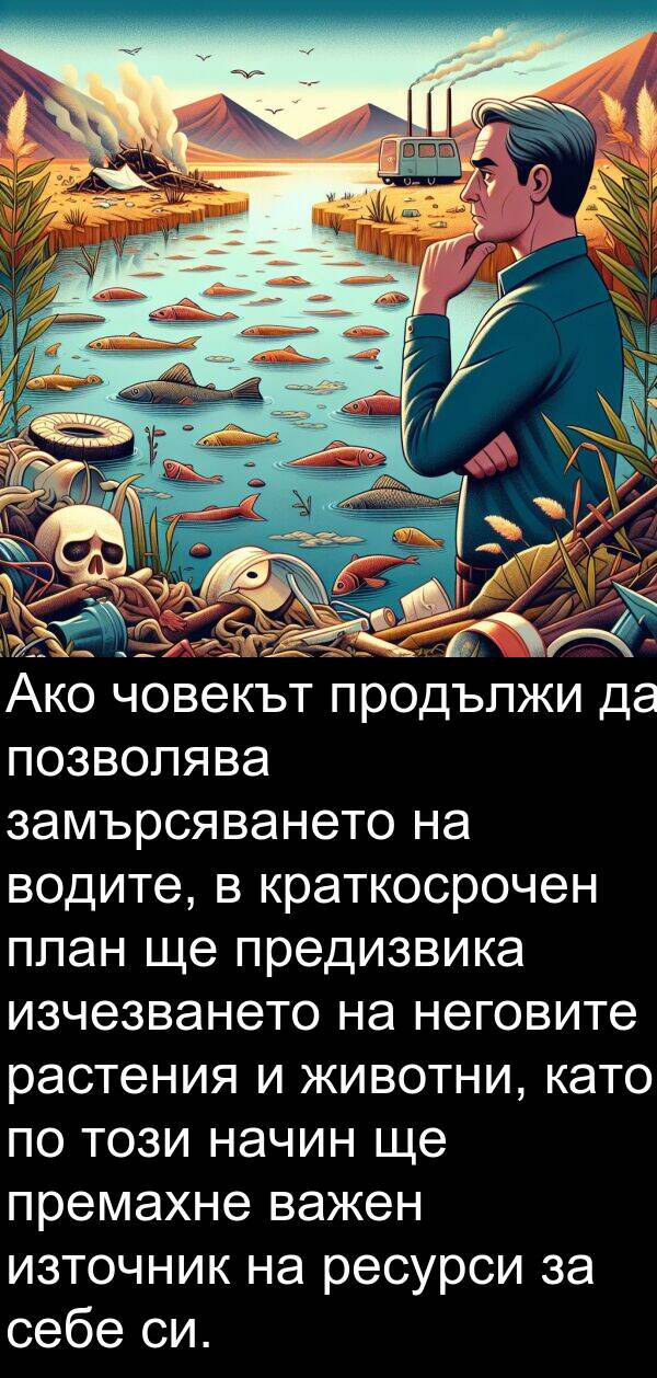 продължи: Ако човекът продължи да позволява замърсяването на водите, в краткосрочен план ще предизвика изчезването на неговите растения и животни, като по този начин ще премахне важен източник на ресурси за себе си.