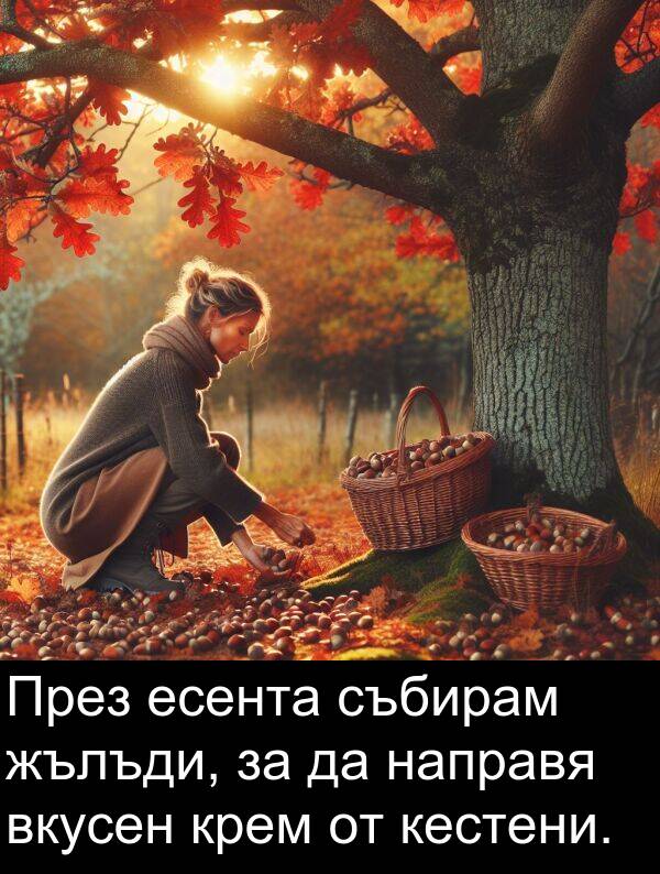 направя: През есента събирам жълъди, за да направя вкусен крем от кестени.