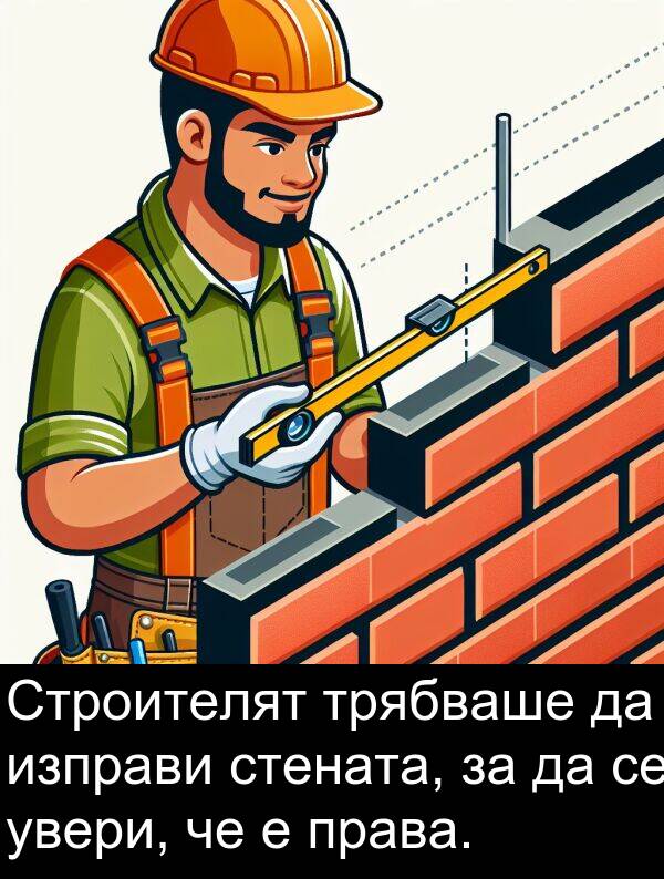 увери: Строителят трябваше да изправи стената, за да се увери, че е права.