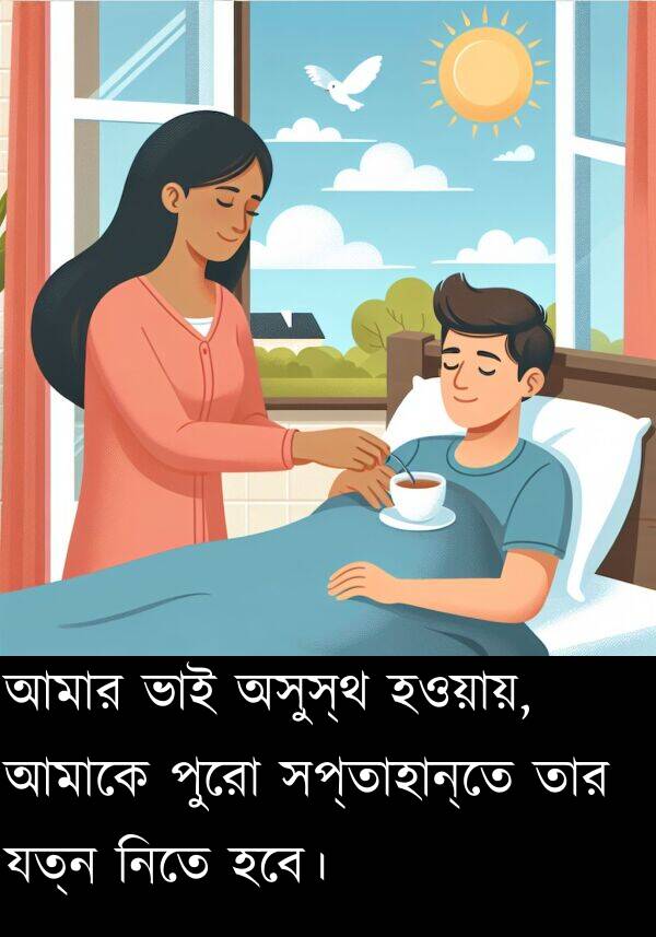 হওয়ায়: আমার ভাই অসুস্থ হওয়ায়, আমাকে পুরো সপ্তাহান্তে তার যত্ন নিতে হবে।