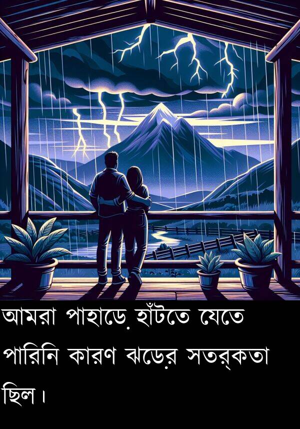 যেতে: আমরা পাহাড়ে হাঁটতে যেতে পারিনি কারণ ঝড়ের সতর্কতা ছিল।