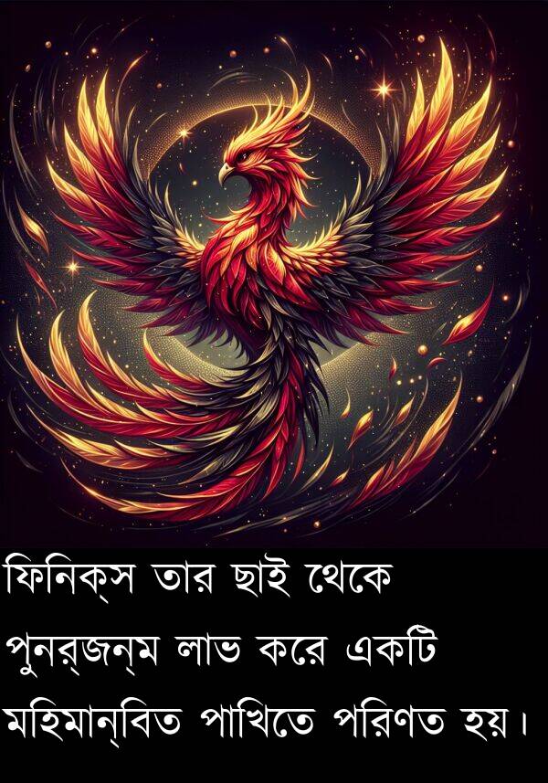পুনর্জন্ম: ফিনিক্স তার ছাই থেকে পুনর্জন্ম লাভ করে একটি মহিমান্বিত পাখিতে পরিণত হয়।
