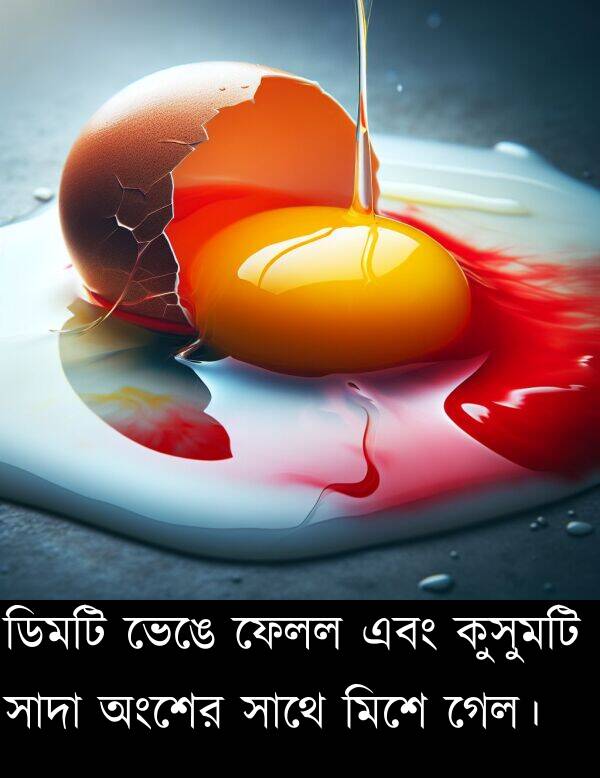 অংশের: ডিমটি ভেঙে ফেলল এবং কুসুমটি সাদা অংশের সাথে মিশে গেল।