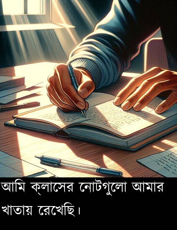 নোটগুলো: আমি ক্লাসের নোটগুলো আমার খাতায় রেখেছি।