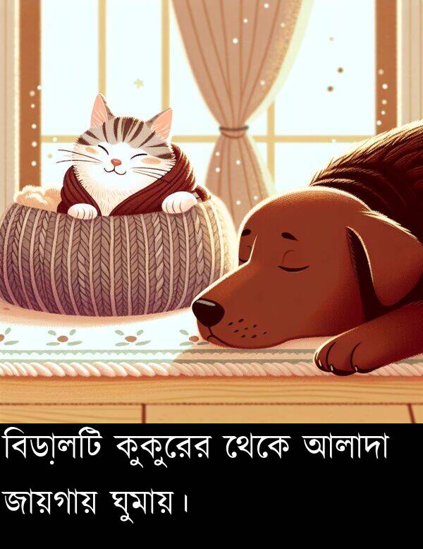 কুকুরের: বিড়ালটি কুকুরের থেকে আলাদা জায়গায় ঘুমায়।