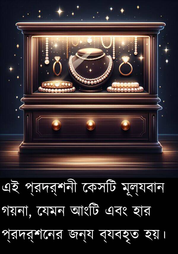 মূল্যবান: এই প্রদর্শনী কেসটি মূল্যবান গয়না, যেমন আংটি এবং হার প্রদর্শনের জন্য ব্যবহৃত হয়।