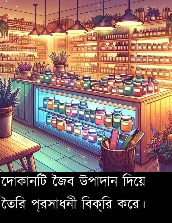 দোকানটি: দোকানটি জৈব উপাদান দিয়ে তৈরি প্রসাধনী বিক্রি করে।