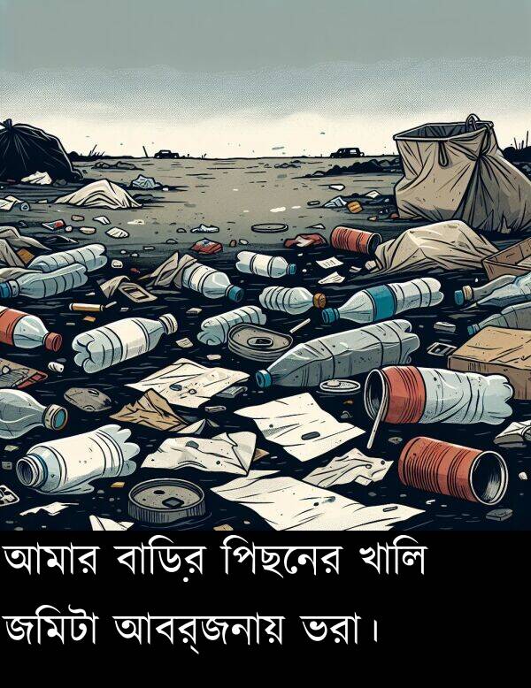 পিছনের: আমার বাড়ির পিছনের খালি জমিটা আবর্জনায় ভরা।