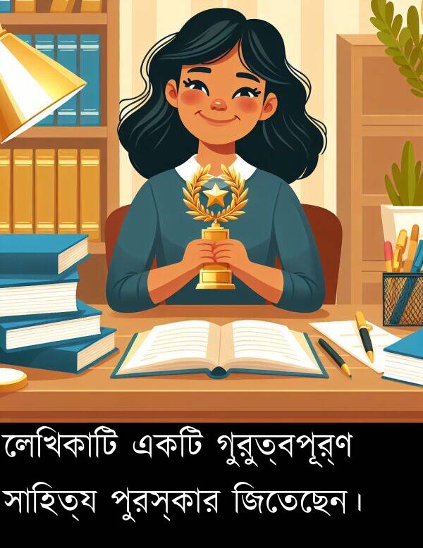 পুরস্কার: লেখিকাটি একটি গুরুত্বপূর্ণ সাহিত্য পুরস্কার জিতেছেন।