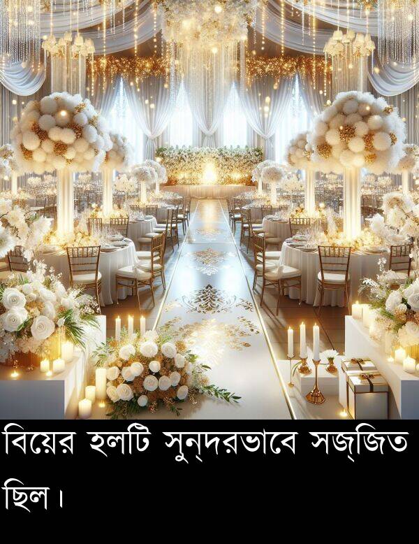 ছিল।: বিয়ের হলটি সুন্দরভাবে সজ্জিত ছিল।