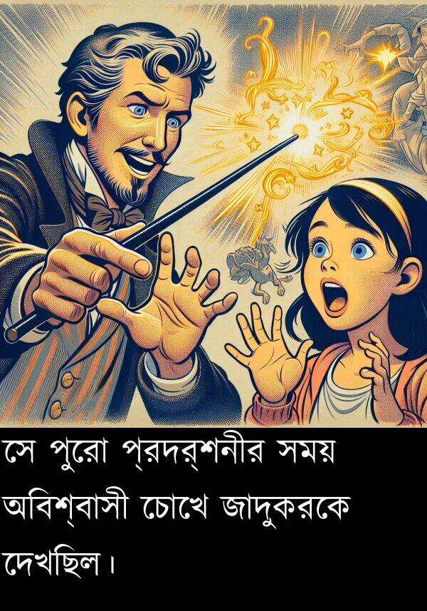 প্রদর্শনীর: সে পুরো প্রদর্শনীর সময় অবিশ্বাসী চোখে জাদুকরকে দেখছিল।