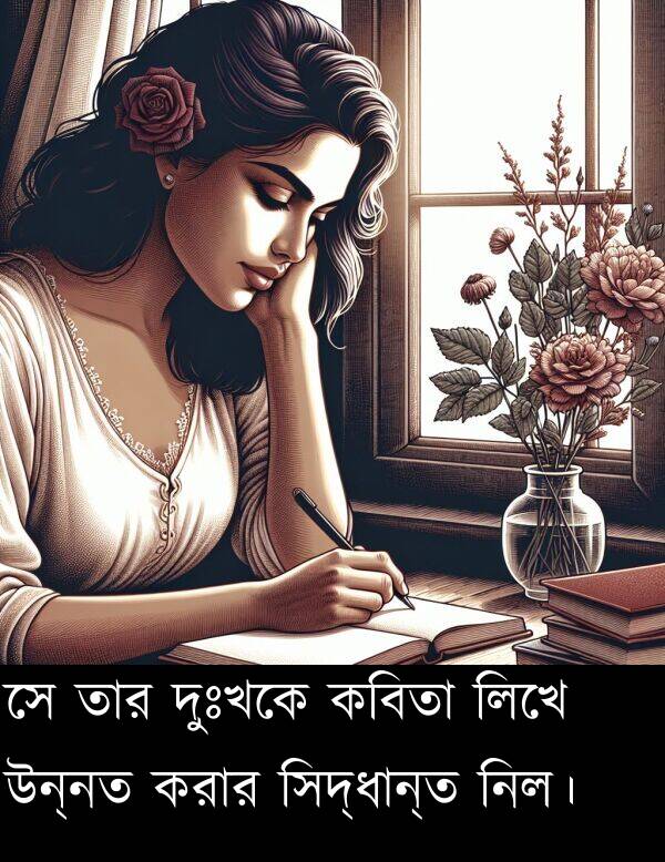 দুঃখকে: সে তার দুঃখকে কবিতা লিখে উন্নত করার সিদ্ধান্ত নিল।
