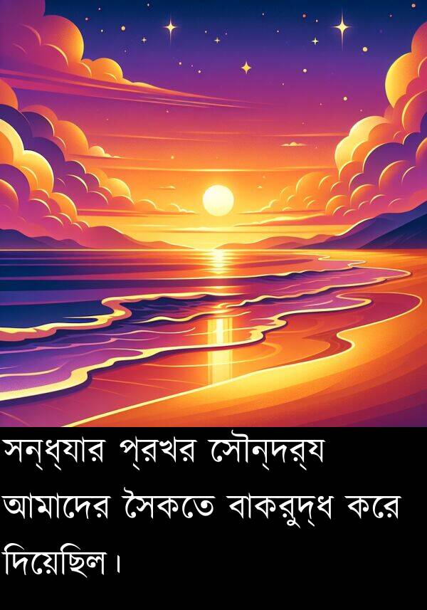 দিয়েছিল।: সন্ধ্যার প্রখর সৌন্দর্য আমাদের সৈকতে বাকরুদ্ধ করে দিয়েছিল।