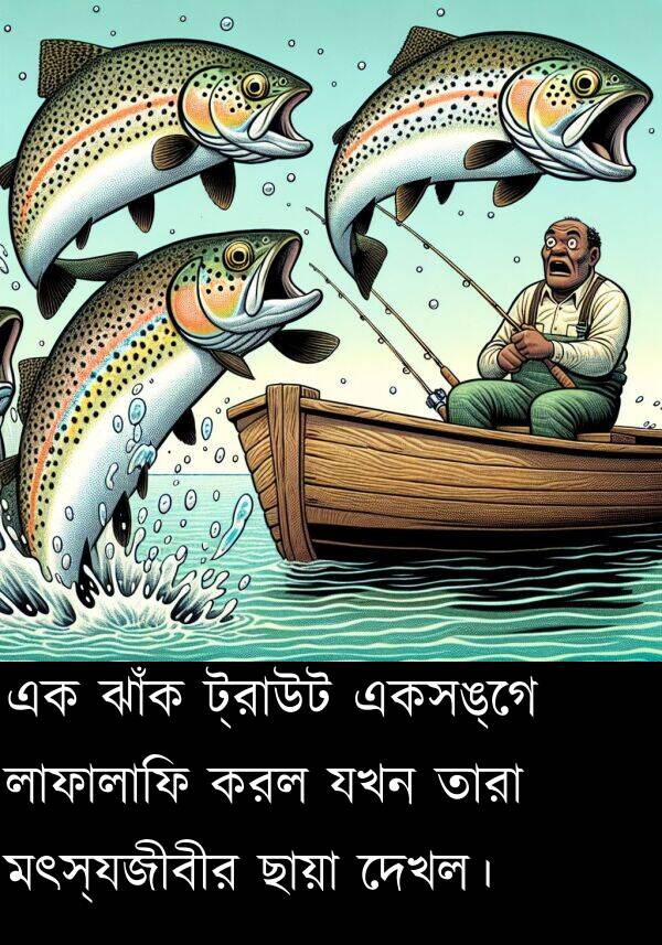 করল: এক ঝাঁক ট্রাউট একসঙ্গে লাফালাফি করল যখন তারা মৎস্যজীবীর ছায়া দেখল।