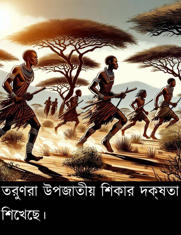 তরুণরা: তরুণরা উপজাতীয় শিকার দক্ষতা শিখেছে।