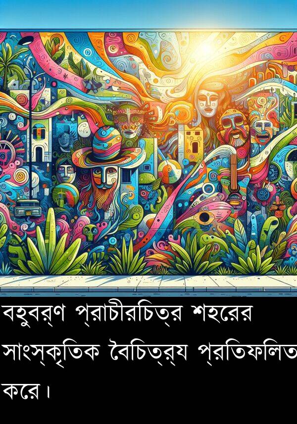 বহুবর্ণ: বহুবর্ণ প্রাচীরচিত্র শহরের সাংস্কৃতিক বৈচিত্র্য প্রতিফলিত করে।