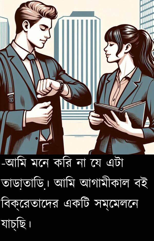 করি: -আমি মনে করি না যে এটা তাড়াতাড়ি। আমি আগামীকাল বই বিক্রেতাদের একটি সম্মেলনে যাচ্ছি।