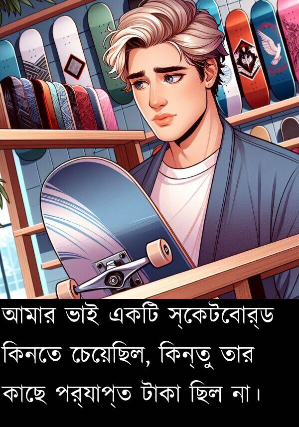 পর্যাপ্ত: আমার ভাই একটি স্কেটবোর্ড কিনতে চেয়েছিল, কিন্তু তার কাছে পর্যাপ্ত টাকা ছিল না।