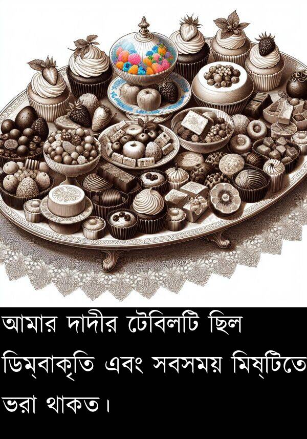 মিষ্টিতে: আমার দাদীর টেবিলটি ছিল ডিম্বাকৃতি এবং সবসময় মিষ্টিতে ভরা থাকত।