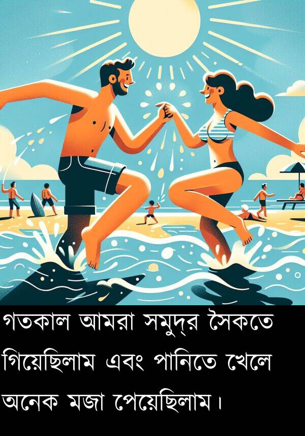 পানিতে: গতকাল আমরা সমুদ্র সৈকতে গিয়েছিলাম এবং পানিতে খেলে অনেক মজা পেয়েছিলাম।