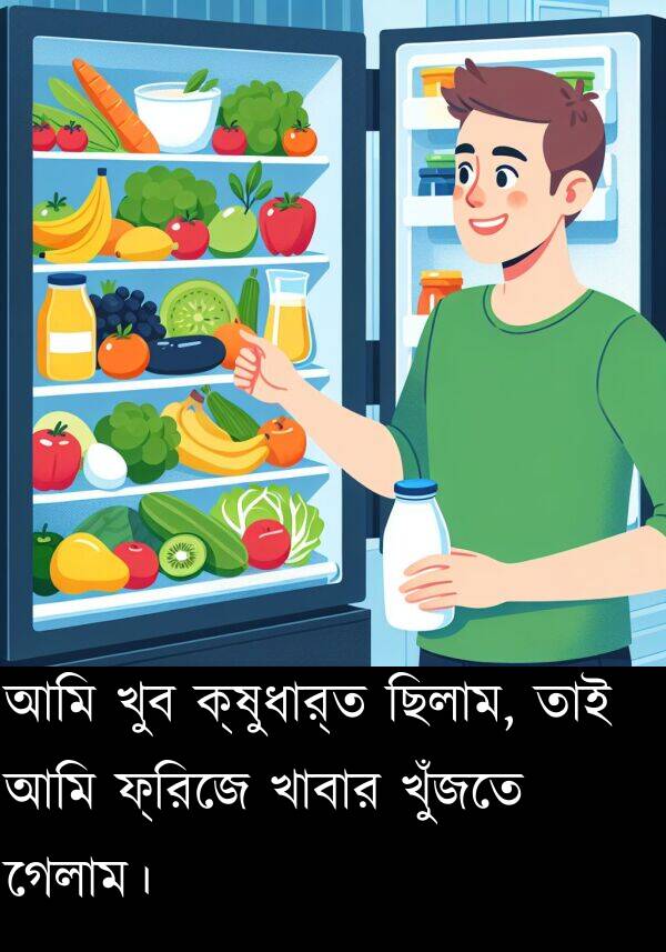 ক্ষুধার্ত: আমি খুব ক্ষুধার্ত ছিলাম, তাই আমি ফ্রিজে খাবার খুঁজতে গেলাম।