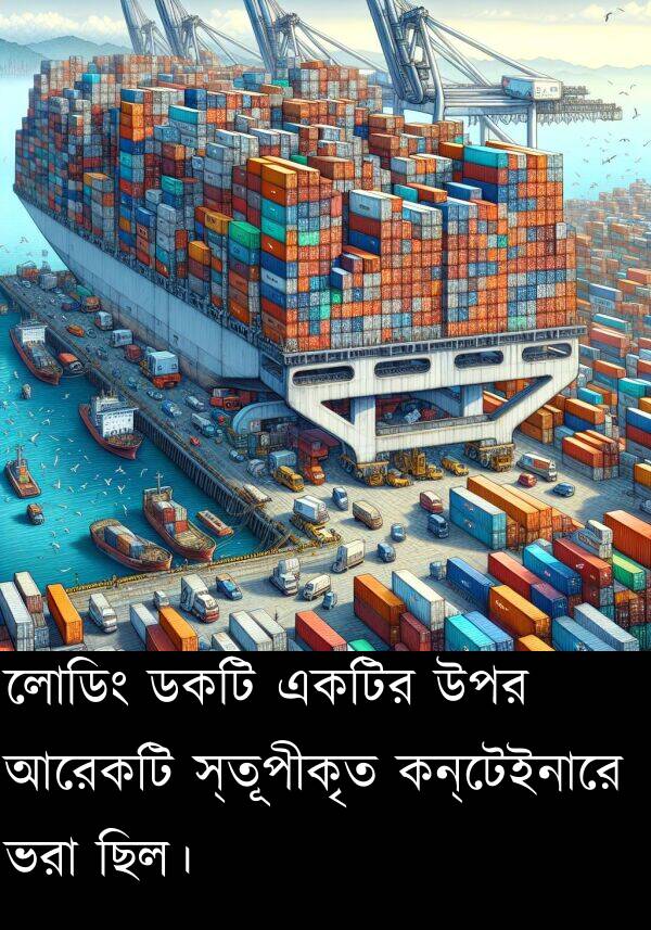 ডকটি: লোডিং ডকটি একটির উপর আরেকটি স্তূপীকৃত কন্টেইনারে ভরা ছিল।