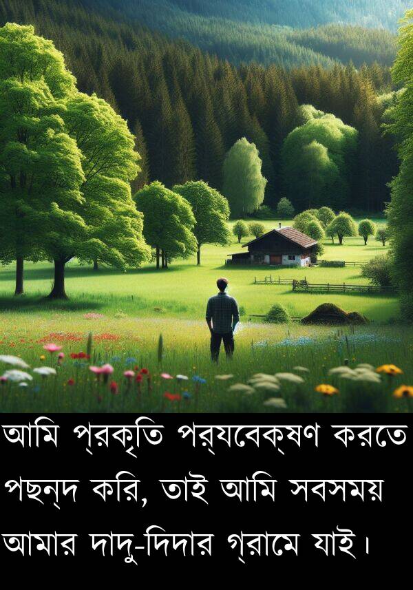 করি: আমি প্রকৃতি পর্যবেক্ষণ করতে পছন্দ করি, তাই আমি সবসময় আমার দাদু-দিদার গ্রামে যাই।
