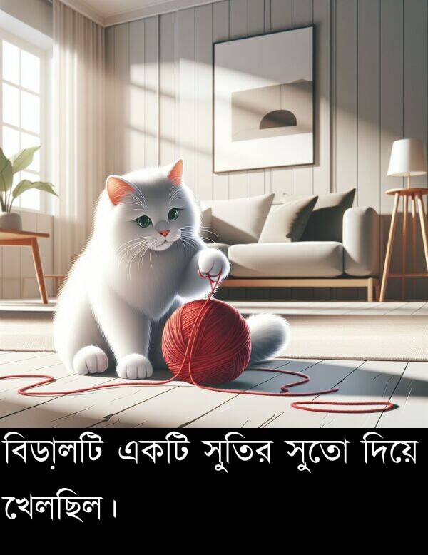 দিয়ে: বিড়ালটি একটি সুতির সুতো দিয়ে খেলছিল।