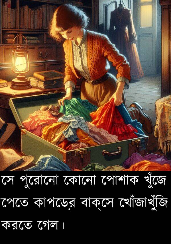 কাপড়ের: সে পুরোনো কোনো পোশাক খুঁজে পেতে কাপড়ের বাক্সে খোঁজাখুঁজি করতে গেল।