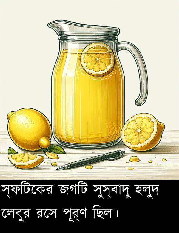 পূর্ণ: স্ফটিকের জগটি সুস্বাদু হলুদ লেবুর রসে পূর্ণ ছিল।