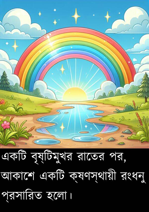 পর: একটি বৃষ্টিমুখর রাতের পর, আকাশে একটি ক্ষণস্থায়ী রংধনু প্রসারিত হলো।