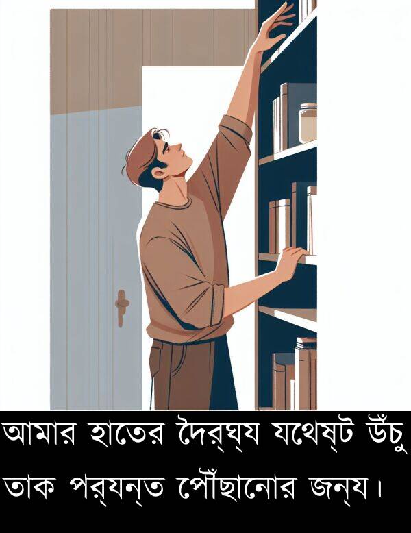 তাক: আমার হাতের দৈর্ঘ্য যথেষ্ট উঁচু তাক পর্যন্ত পৌঁছানোর জন্য।