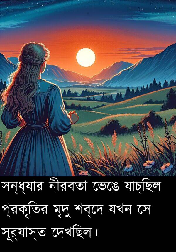 যাচ্ছিল: সন্ধ্যার নীরবতা ভেঙে যাচ্ছিল প্রকৃতির মৃদু শব্দে যখন সে সূর্যাস্ত দেখছিল।
