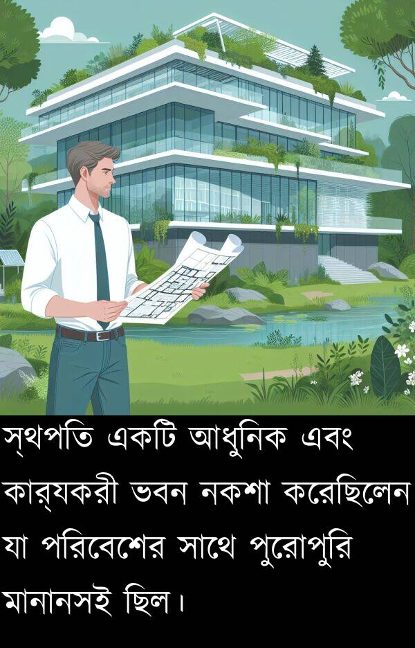 কার্যকরী: স্থপতি একটি আধুনিক এবং কার্যকরী ভবন নকশা করেছিলেন যা পরিবেশের সাথে পুরোপুরি মানানসই ছিল।