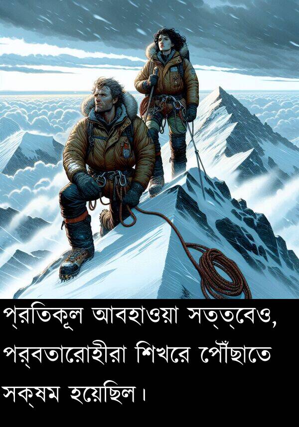 প্রতিকূল: প্রতিকূল আবহাওয়া সত্ত্বেও, পর্বতারোহীরা শিখরে পৌঁছাতে সক্ষম হয়েছিল।