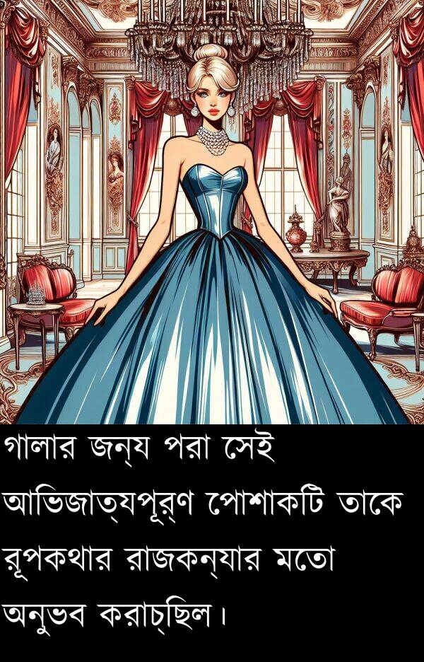 পোশাকটি: গালার জন্য পরা সেই আভিজাত্যপূর্ণ পোশাকটি তাকে রূপকথার রাজকন্যার মতো অনুভব করাচ্ছিল।