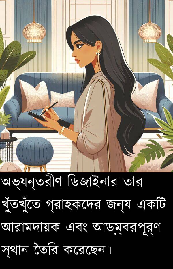 অভ্যন্তরীণ: অভ্যন্তরীণ ডিজাইনার তার খুঁতখুঁতে গ্রাহকদের জন্য একটি আরামদায়ক এবং আড়ম্বরপূর্ণ স্থান তৈরি করেছেন।